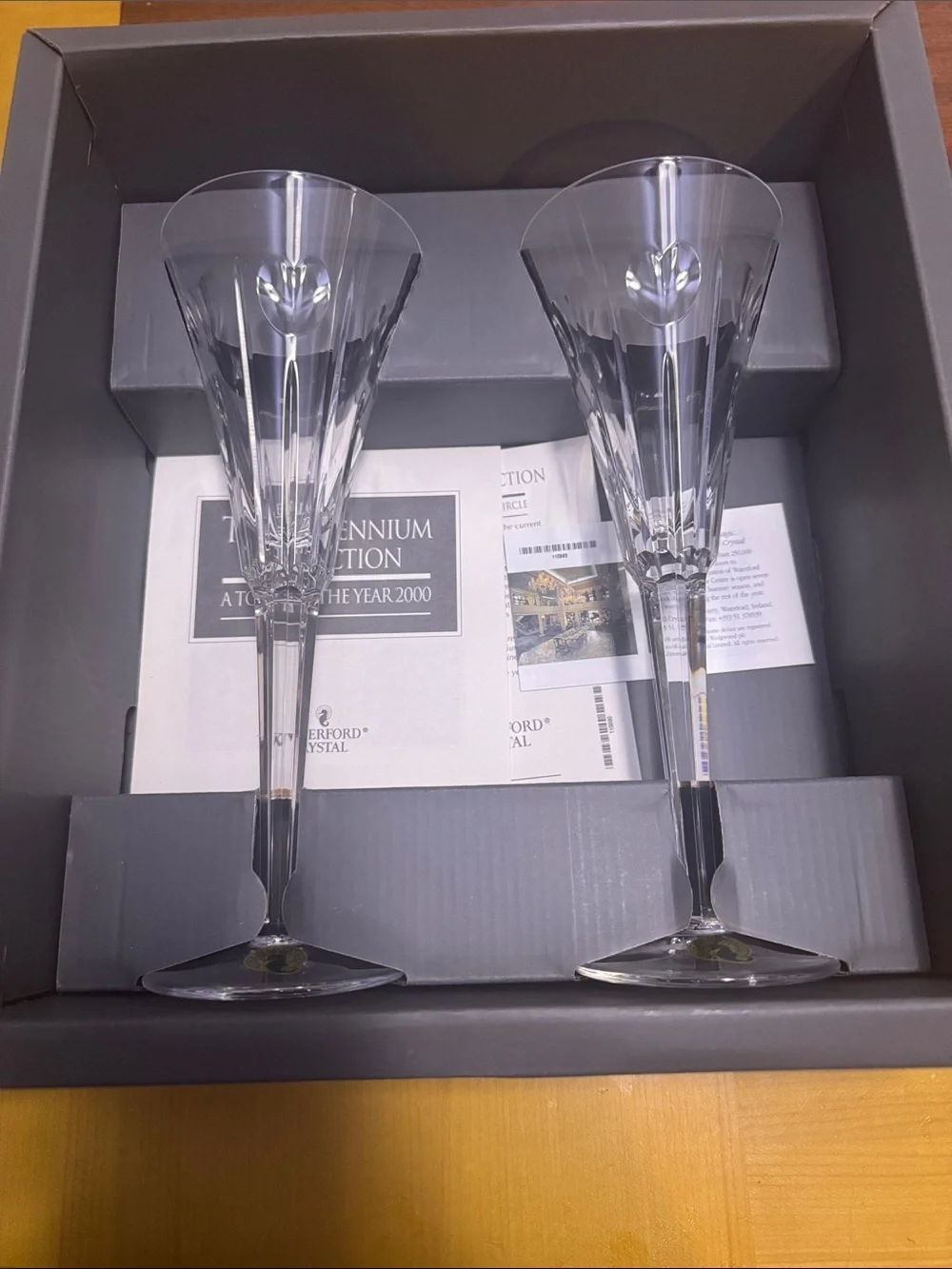 Set of 2 Waterford Crystal Clear Faceted Champagne Flutes millennium collection.
